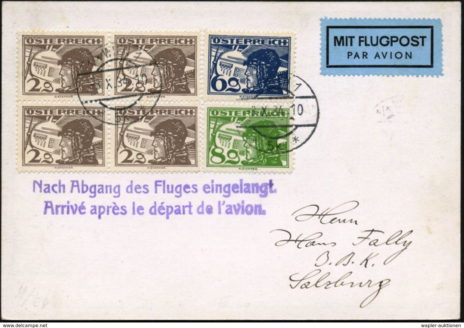 ÖSTERREICH 1934 (3.10.) Flugp.-Frankatatur "Pilot": 2 G. 4er-Block , 6 G. U. 8 G. , Gest. WIEN 1, Viol. 2K.: Nach Abgang - Flugzeuge