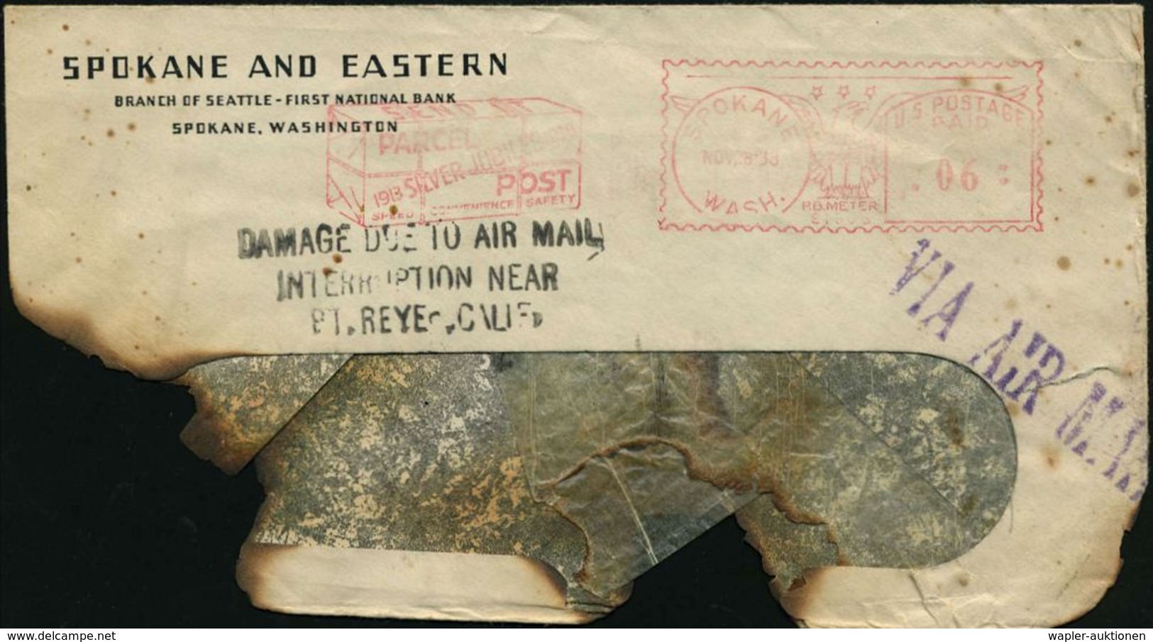 U.S.A. 1938 (28.11.) AFS: SPOKANE/WASH./PARCEL/SILVER JUBILEE/POST.. = Spokane & Eastern Bank , Angebrannter Firmen-Fens - Vliegtuigen