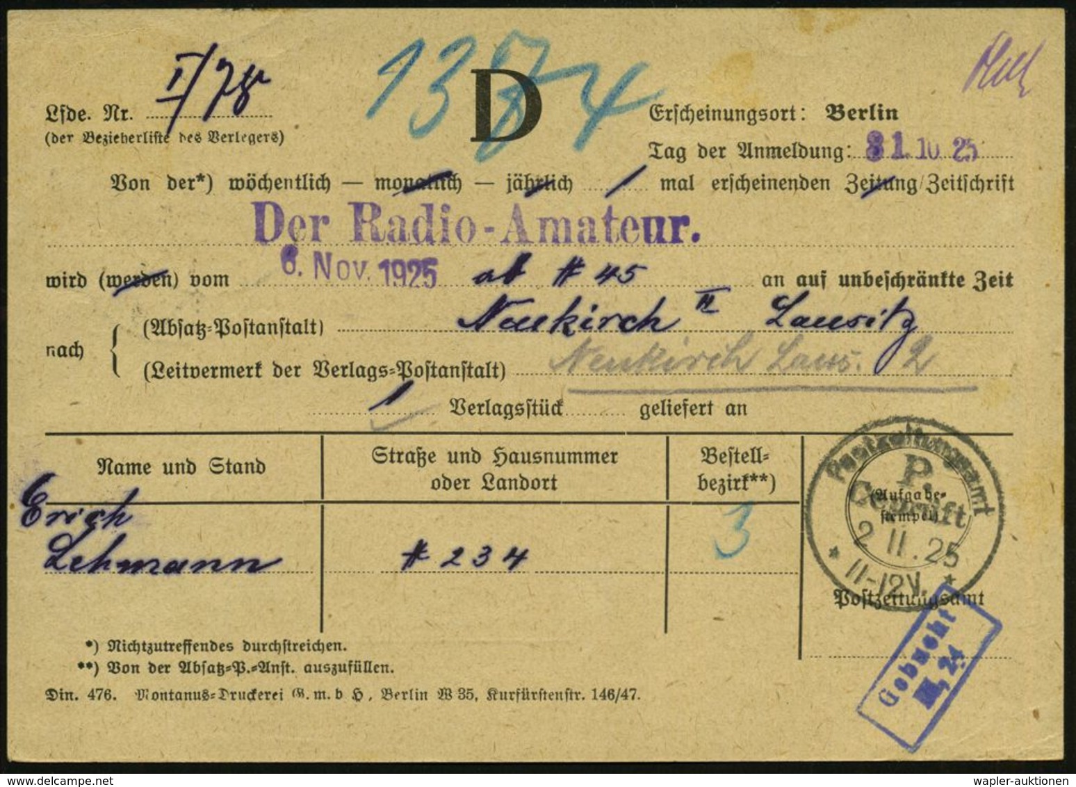 BERLIN W/  P Z A 1925 (3.11.) Seltene 1K-Brücke + Rs. 1K: Postzeitungsamt/P./ Geprüft , Portofreie Post-Dienst-Kt.: Zeit - Non Classés