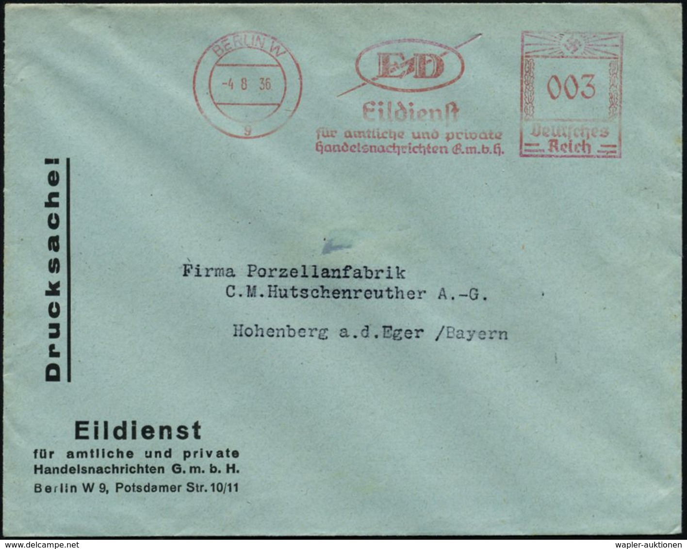 BERLIN W/ 9/ ED/ Eildienst/ Für Amtliche U.private/ Handelsnachrichten GmbH 1936 (4.8.) AFS = Blitz (Firmen-Logo) Klar G - Ohne Zuordnung