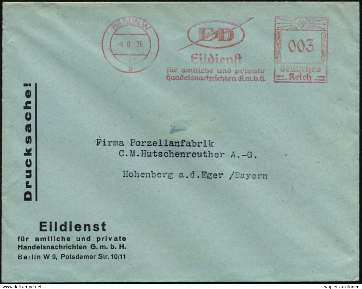 BERLIN W/ 9/ ED/ Eildienst/ Für Amtliche U.private/ Handelsnachrichten GmbH 1936 (4.8.) AFS = Blitz (Firmen-Logo) Klar G - Non Classificati