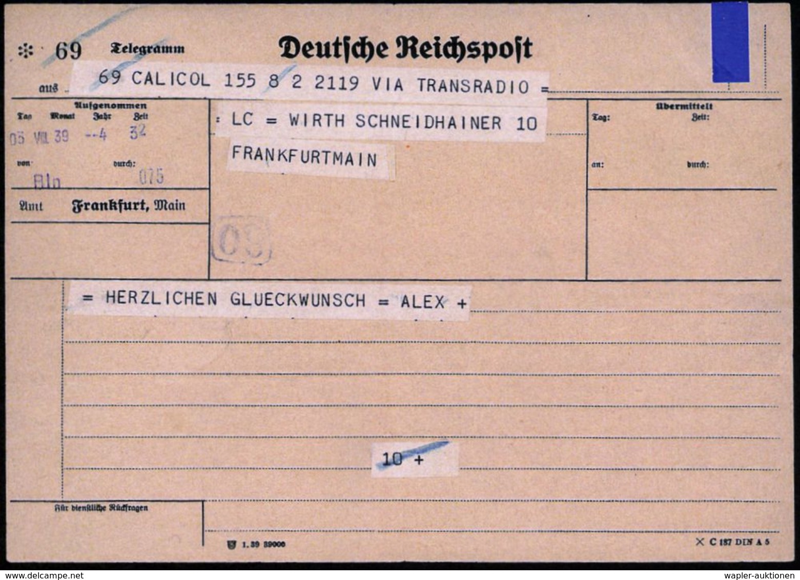 Frankfurt/ Main 1939 (5.8.) Orts-Vordruck: Telegramm Amt Frankfurt, Main Aus Berlin , 2 Verschied. Viol. Telegramm-Stpl. - Zonder Classificatie