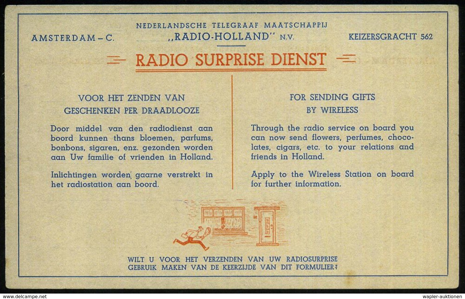 NIEDERLANDE 1930 Radio-Telegramm-Formular "RADIO SURPRISE DIENST" Von RADIO HOLLAND NV., Amsterdam (Eckbug-spur, Kl. Ran - Ohne Zuordnung
