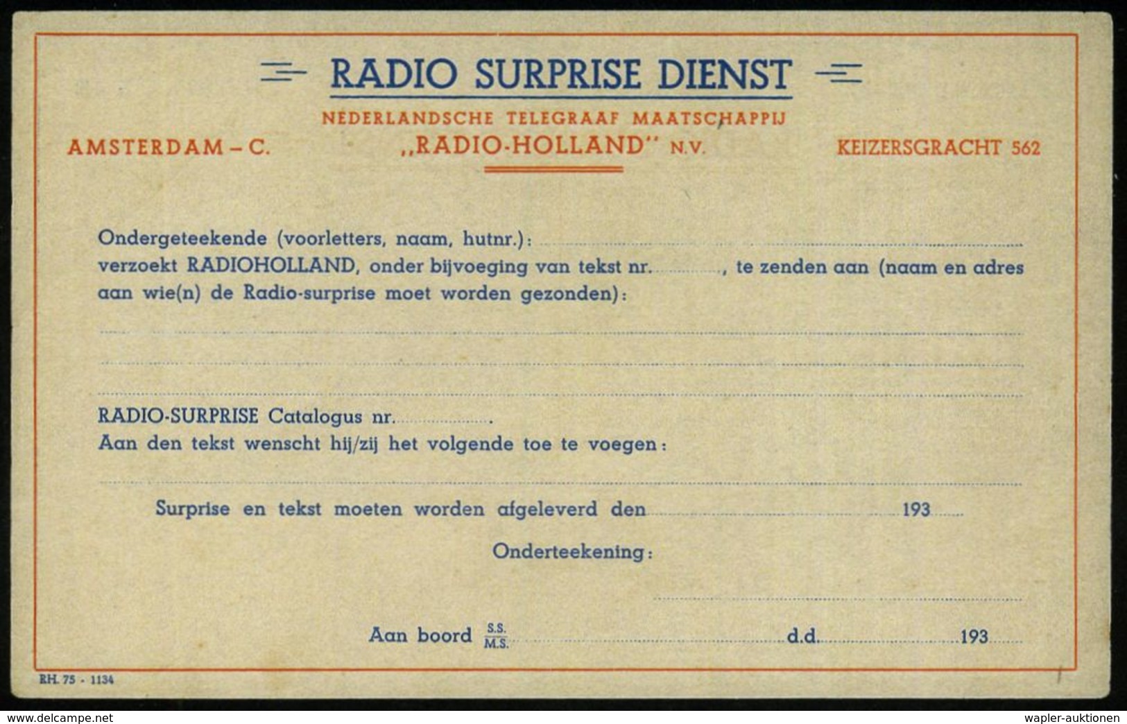 NIEDERLANDE 1930 Radio-Telegramm-Formular "RADIO SURPRISE DIENST" Von RADIO HOLLAND NV., Amsterdam (Eckbug-spur, Kl. Ran - Ohne Zuordnung