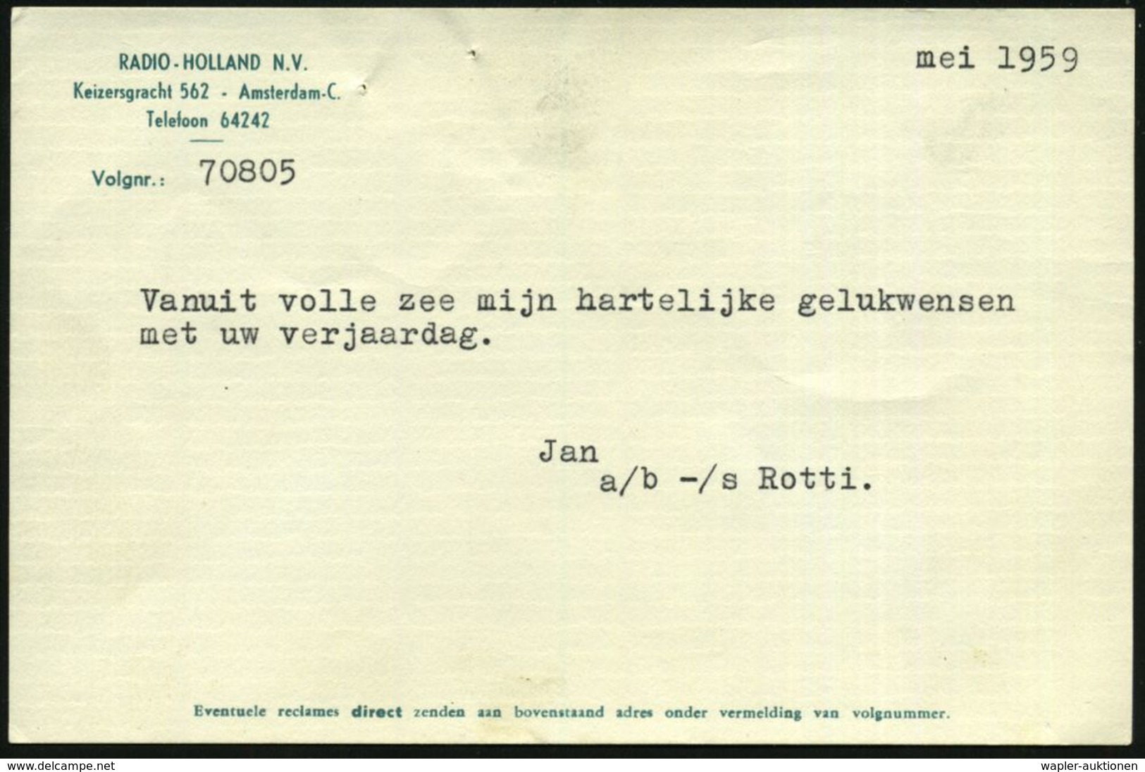 NIEDERLANDE 1959 (Mai) Radio-Telegramm-Formular SCHEVENINGEN RADIO / RADIOBRIEFTELEGRAM (SLT) = Schiffs-Funk-Telegramm ( - Ohne Zuordnung