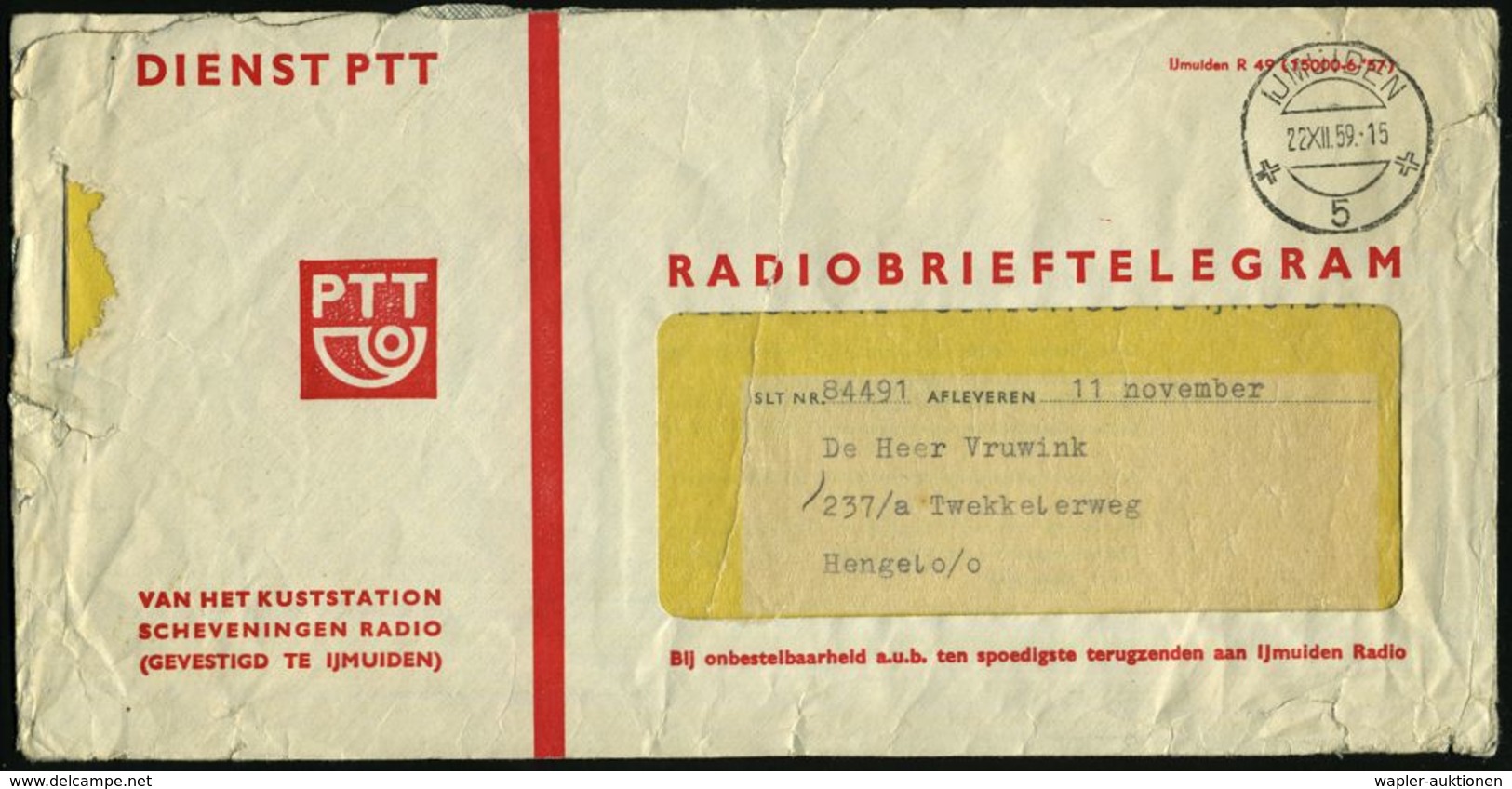 NIEDERLANDE 1959 (22.12.) Radio-Telegramm-Formular: SCHEVENINGEN RADIO / RADIOBRIEFTELEGRAM (SLT) (von Bord MS/SS "Rotti - Zonder Classificatie