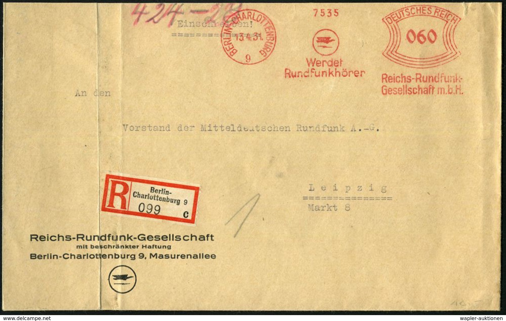 BERLIN-CHARLOTTENBURG/ 9/ Werdet/ Rundfunkhörer/ Reichs-Rundfunk-/ GmbH 1931 (13.4.) AFS 060 Pf. (Logo) Auf Motivgl. Vor - Ohne Zuordnung