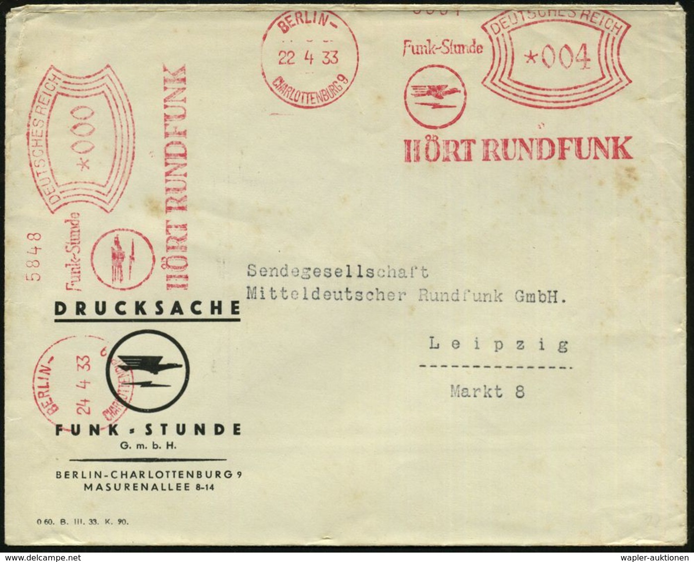 BERLIN-/ CHARLOTTENBURG9/ Funk-Stunde/ HÖRT RUNDFUNK 1933 (22.5.) AFS 004 Pf. + 000 = Sender-Logo, 2 Abdrucke (Adler, Bl - Ohne Zuordnung