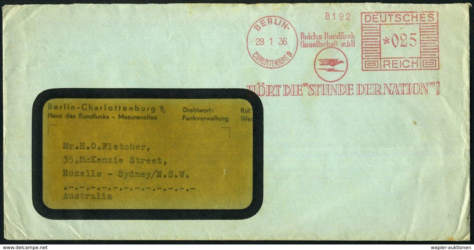 BERLIN-/ CHARLOTTENBURG 9/ Reichs-Rundfunk/ GmbH/ HÖRT DIE "STUNDE DER NATION"! 1936 (28.1.) AFS "Mäanderrechteck" 025 P - Zonder Classificatie