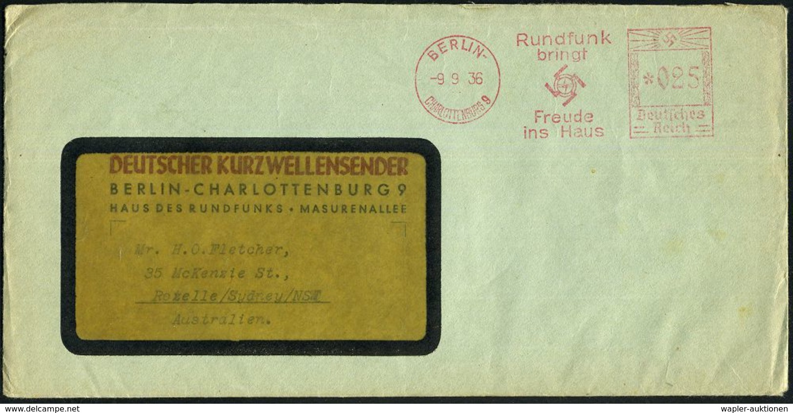 BERLIN-/ CHARLOTTENBURG 9/ Rundfunk/ Bringt/ Freude/ Ins Haus 1936 (9.9.) AFS "Hakenkreuz" 025 Pf. = Neues Senderlogo: H - Zonder Classificatie