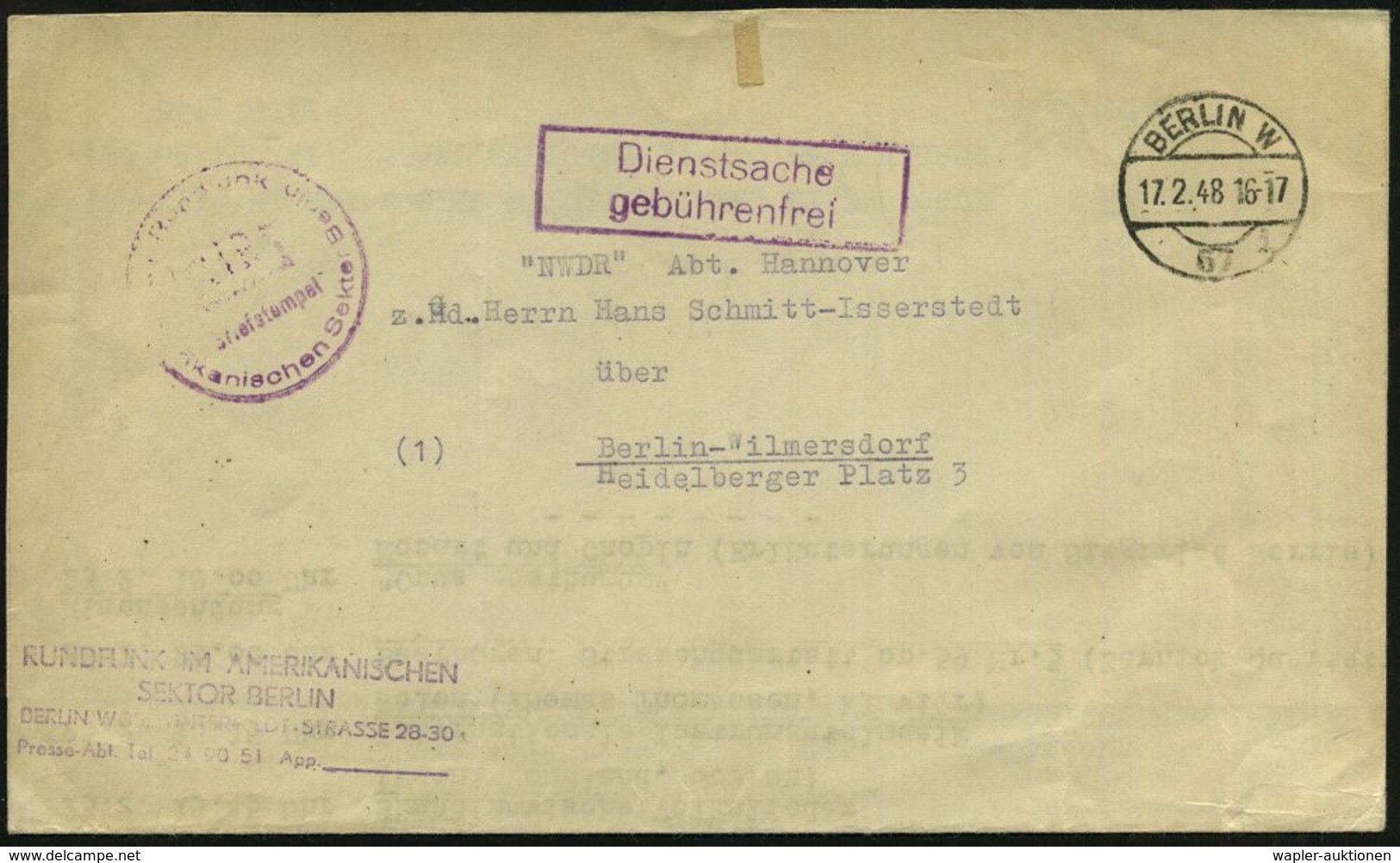 BERLIN W/ 67i 1948 (17.2.) 1K-Brücke + Viol. Ra2: Dienstsache/gebührenfrei + 2 Dienst-HdN: RIAS (Rundfunk Im Amerikan. S - Ohne Zuordnung