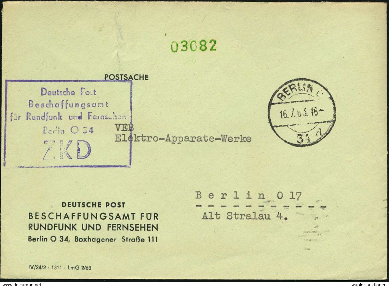 Berlin O 34/ ZKD/ Deutsche Post/ Beschaffungsamt/ Für Rundfunk U.Fernsehen 1963 (16.7.) Viol. ZKD-Ra.5 + 1K-Steg: BERLIN - Ohne Zuordnung