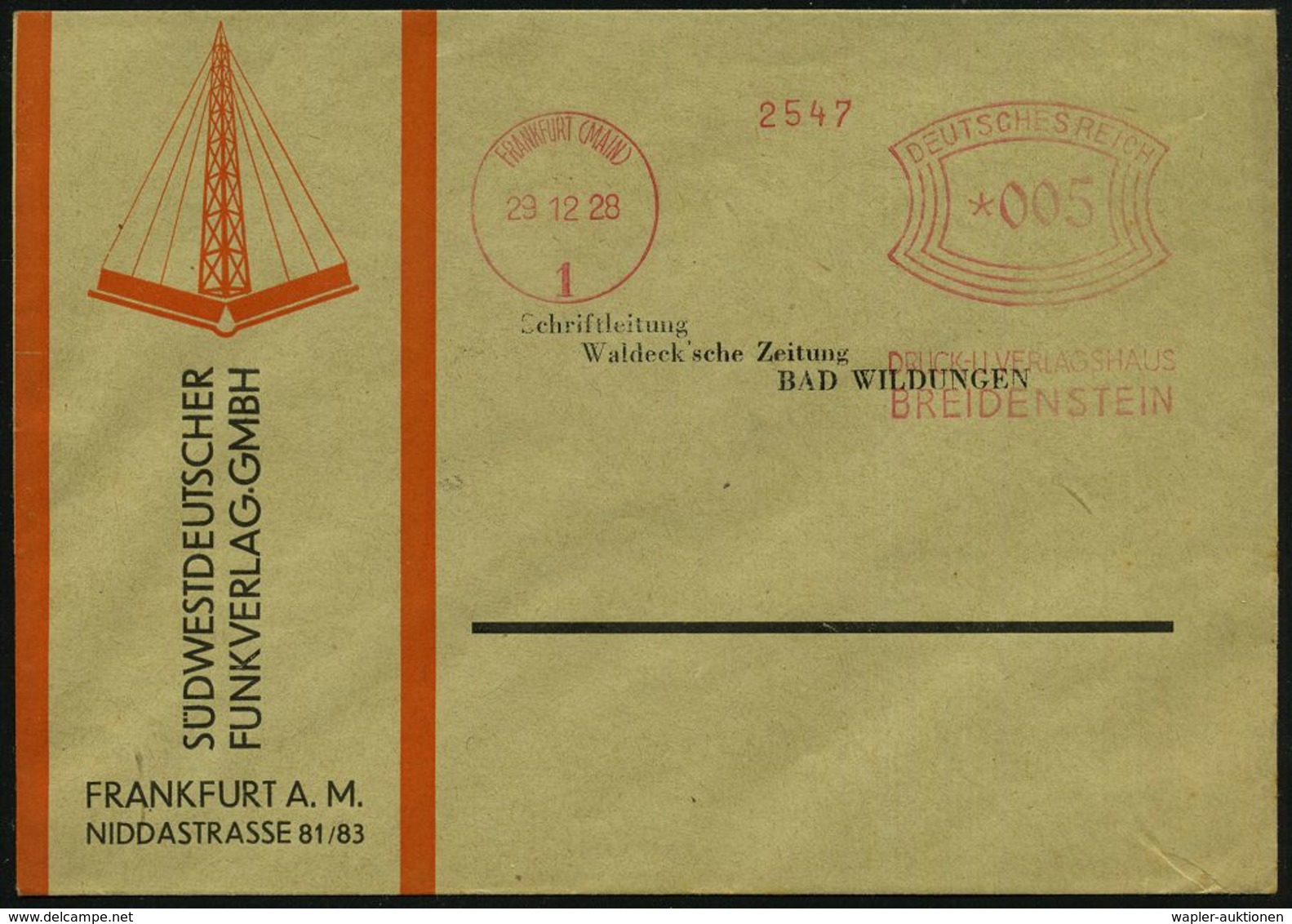 FRANKFURT (MAIN)/ A/ DRUCK-U.VERLAGSHAUS/ BREIDENSTEIN 1928 (29.12.) AFS Auf Reklame-Bf.: SÜDWEST-DEUTSCHER FUNKVERLAG G - Ohne Zuordnung