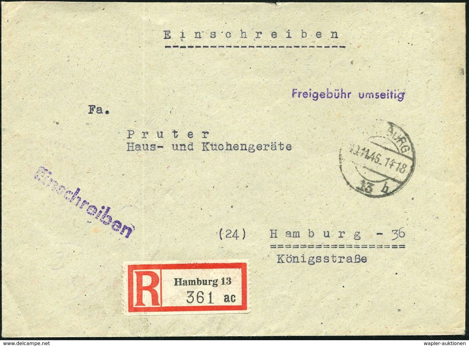 (24) HAMBURG 13/ Nordwestdt.Rundfunk/ Sender Hamburg 1946 (19.11.) Seltener, Aptierter AFS = Hakenkreuz Entfernt, Rs. An - Ohne Zuordnung