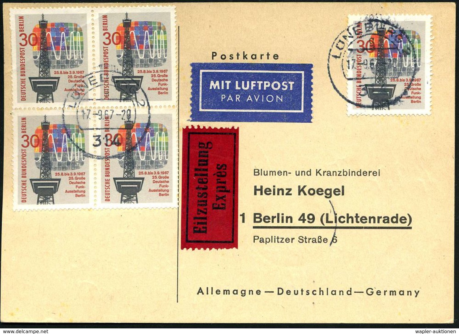 BRD /  BERLIN 1967 (17.9.) 30 Pf. "Deutsche Funk-Ausstellung Berlin", Reine MeF: 4er-Block + Einzelstück = Funkturm / TV - Zonder Classificatie