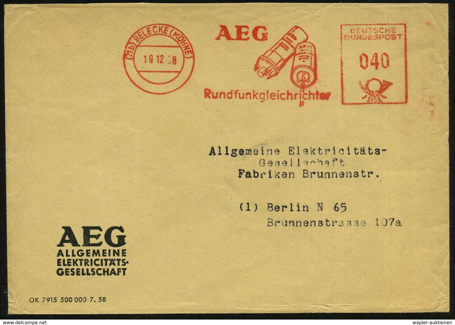 (21b) BELECKE (MÖHNE)/ AEG/ Rundfunkgleichrichter 1958 (3.4.) Dekorativer AFS = 2 AEG-Radio-Gleichrichter , AEG-Firmen.B - Non Classés