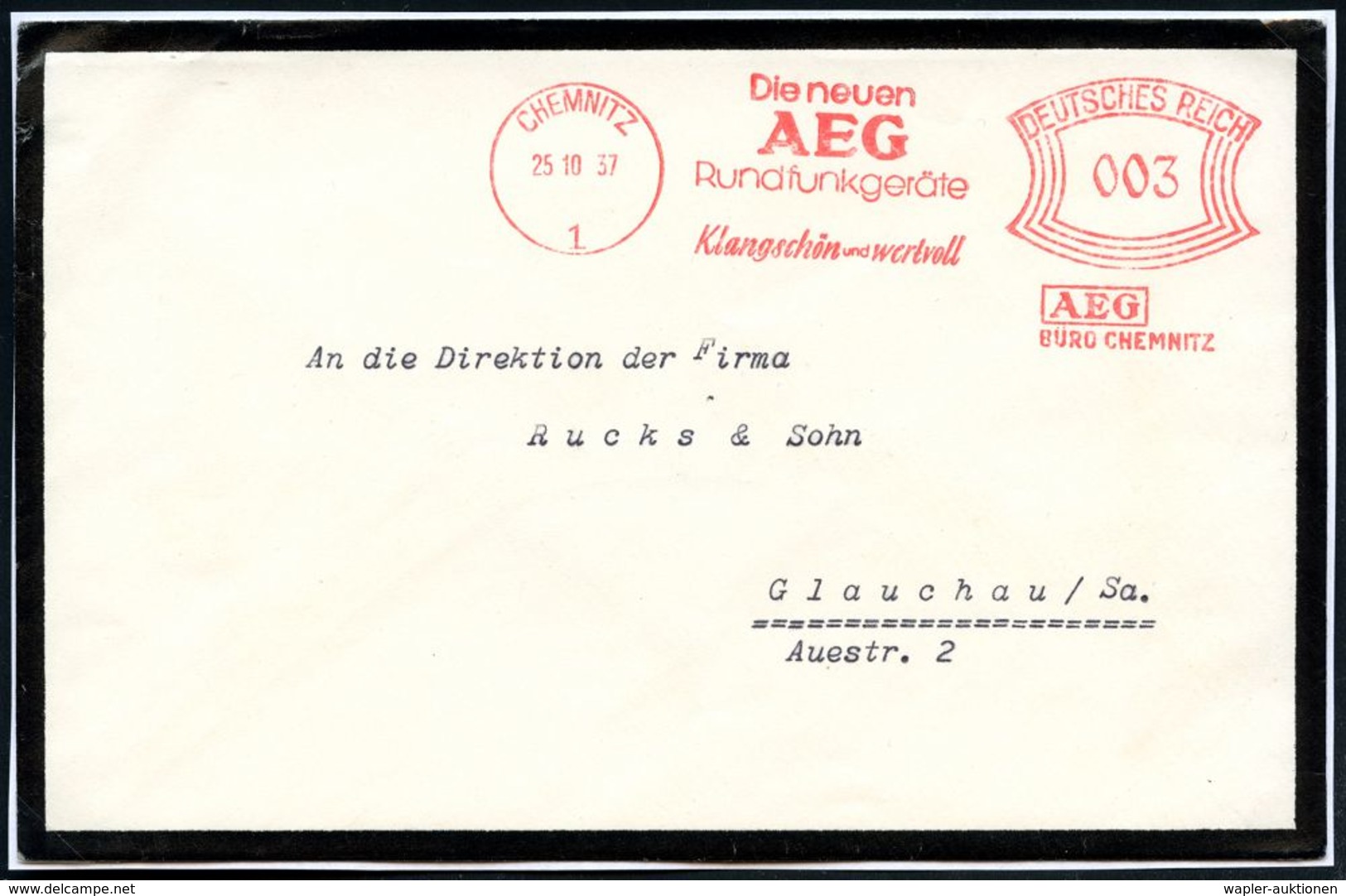 CHEMNITZ/ 1/ Die Neuen/ AEG/ Rundfunkgeräte/ Klangschön U.wertvoll.. 1937 (25.10.) AFS 003 Pf. Auf  T R A U E R - Bf. =  - Zonder Classificatie