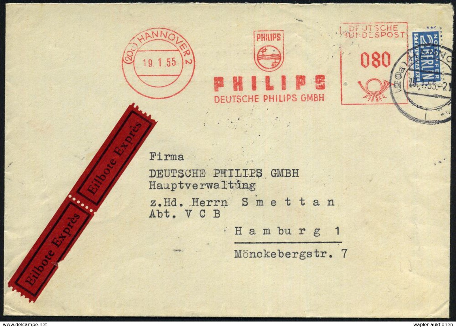 (20a) HANNOVER 2/ PHILIPS/ DEUTSCHE PHILIPS GMBH 1955 (19.1.) AFS 080 Pf. (Logo) + 2 Pf.NoB, Rs. Abs.-Vordr. + Interess. - Zonder Classificatie