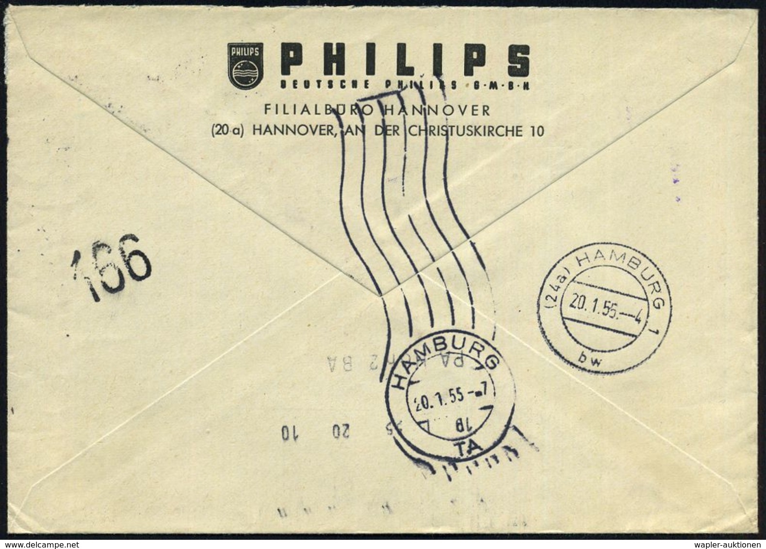 (20a) HANNOVER 2/ PHILIPS/ DEUTSCHE PHILIPS GMBH 1955 (19.1.) AFS 080 Pf. (Logo) + 2 Pf.NoB, Rs. Abs.-Vordr. + Interess. - Unclassified