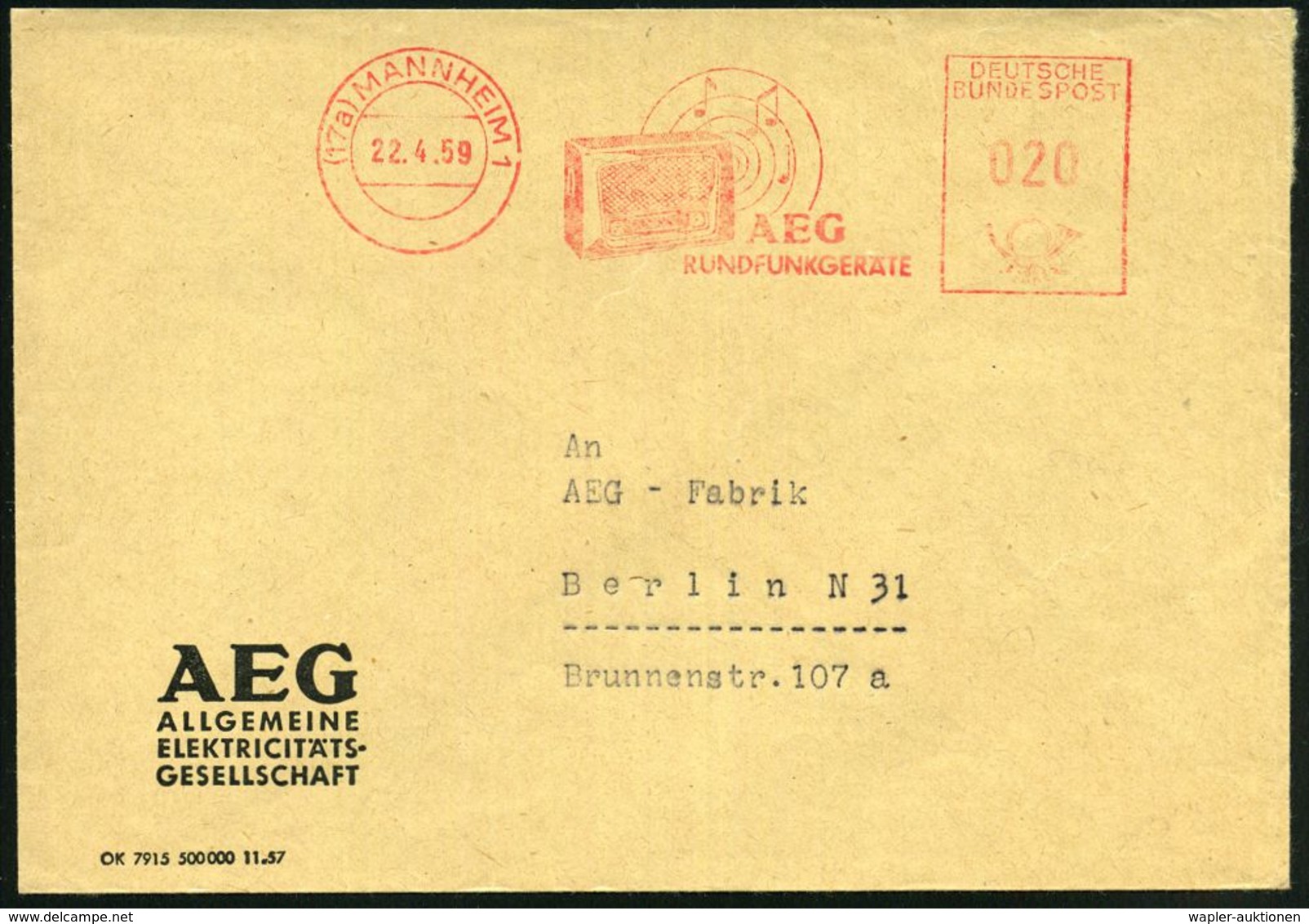 (17a) MANNHEIM 1/ AEG/ RUNDFUNKGERÄTE 1959 (22.4.) AFS = Radio-Apparat (u. Klangewellen Mit Noten) AEG-Firmen-Bf. (Dü.E- - Non Classificati