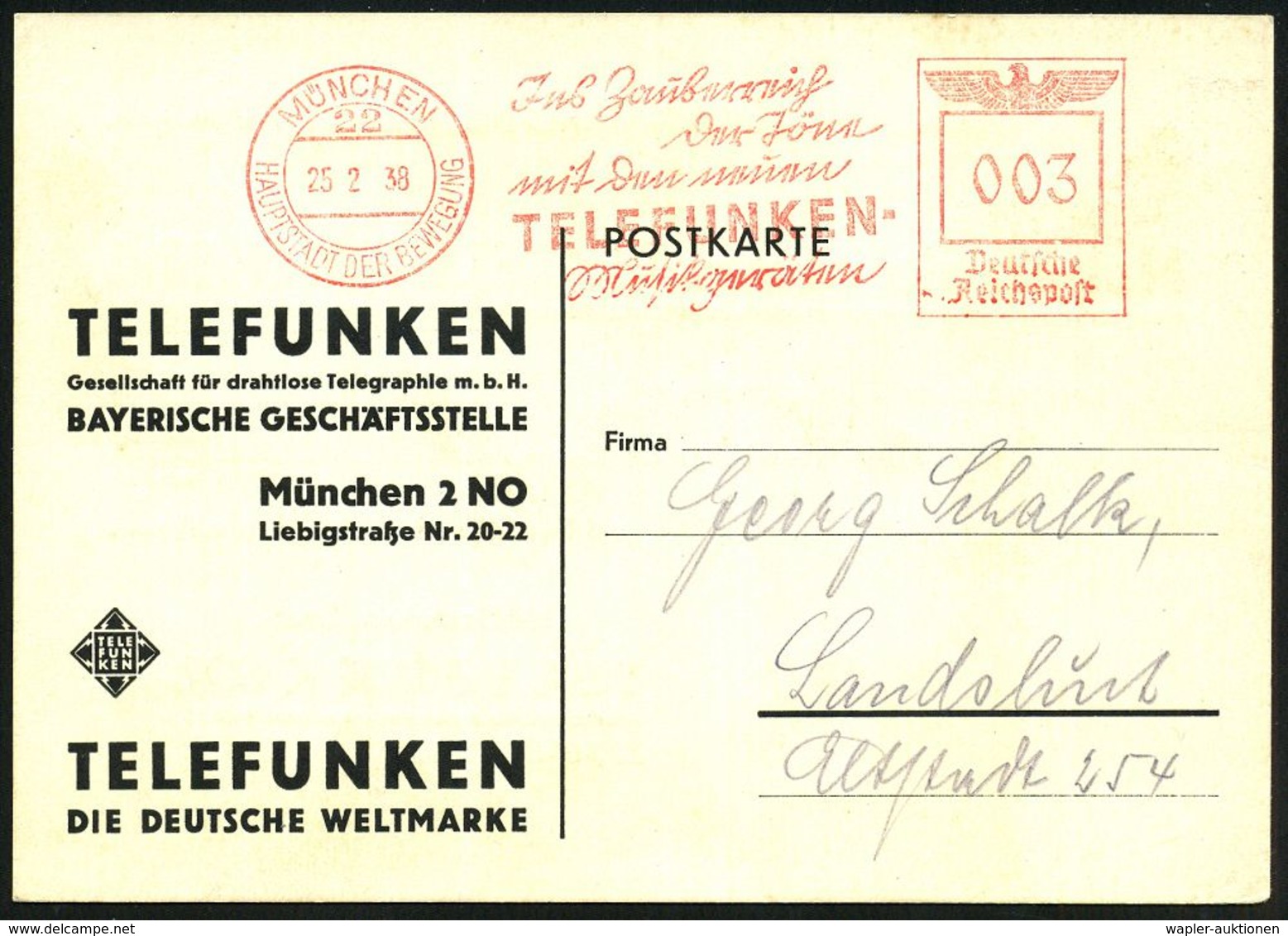 MÜNCHEN/ 22/ HDB/ Ins Zauberreich/ Der Töne/ Mit Den Neuen/ TELEFUNKEN-/ Musikgeräten 1938 (28.3.) AFS , Teils Sütterlin - Ohne Zuordnung