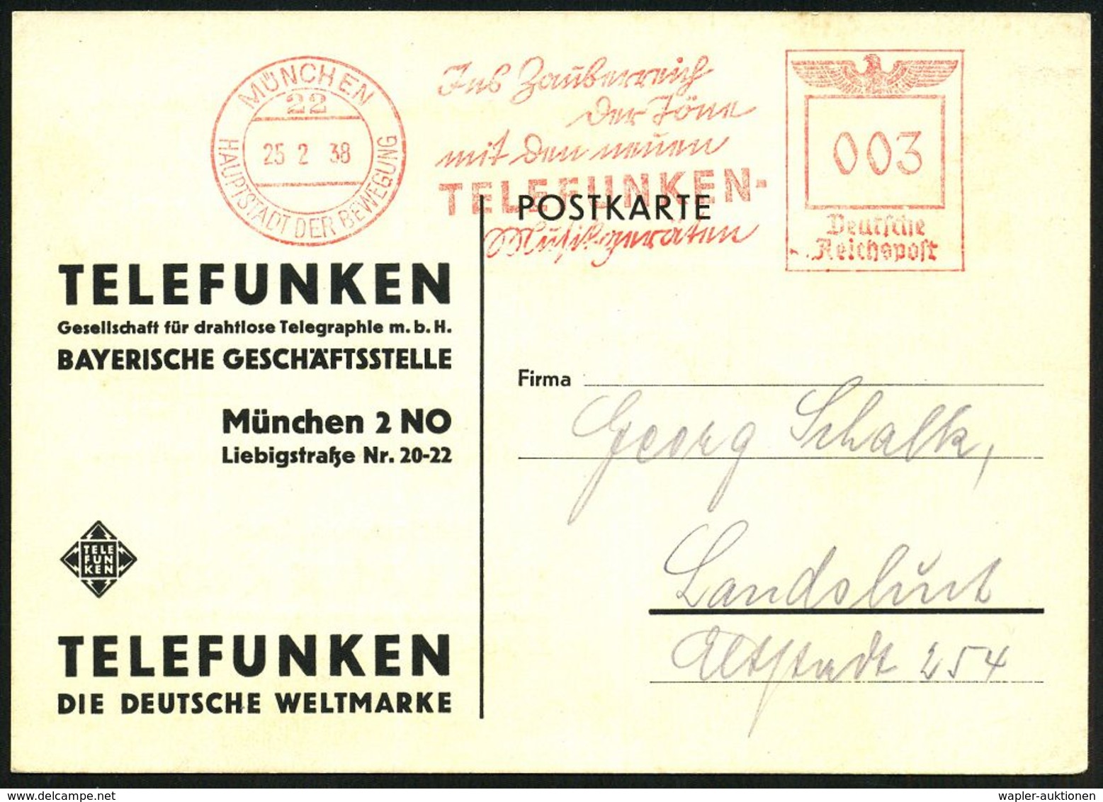 MÜNCHEN/ 22/ HDB/ Ins Zauberreich/ Der Töne/ Mit Den Neuen/ TELEFUNKEN-/ Musikgeräten 1938 (28.3.) AFS , Teils Sütterlin - Zonder Classificatie