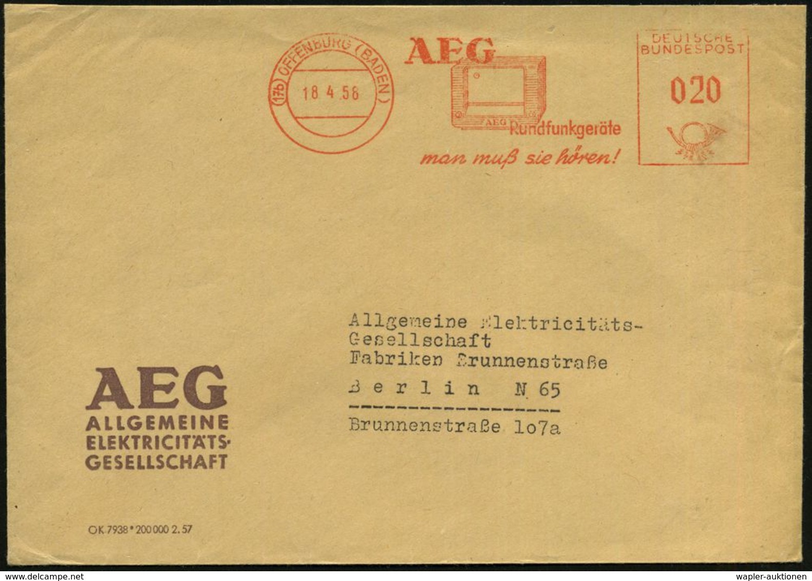 (17b) OFFENBURG (BADEN)/ AEG/ Rundfunkgeräte/ Man Muß Sie Hören! 1958 (18.4.) Dekorat. AFS = Gr. Radio-Apparat , Klar Ge - Unclassified