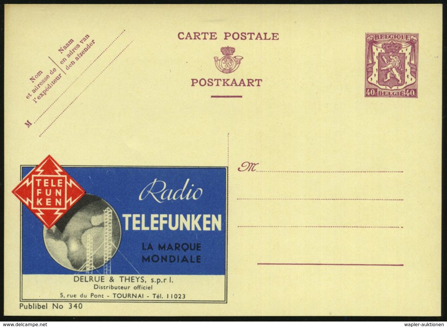 BELGIEN 1938 40 C. Reklame-P Löwe, Br.lila: Radio TELEFUNKEN.. DELRUE & THEYS.. TOURNAI (= Telefunken-Logo, Funk-Sendema - Non Classificati