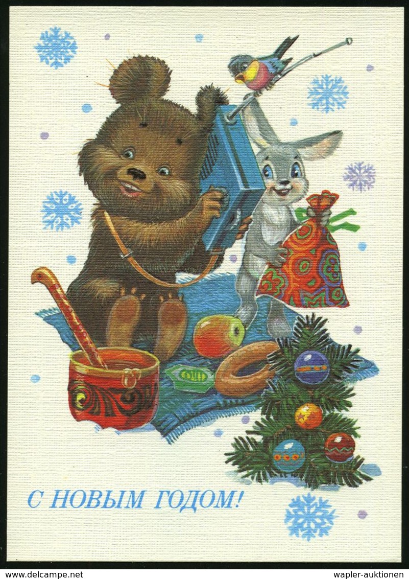 UdSSR 1985 4 Kop. BiP Staatswappen , Schw.: "Gutes Neujahr!" = Bär Mit Koffer-Radio (u. Hase Mit Bonbontüte, Honigtopf E - Ohne Zuordnung