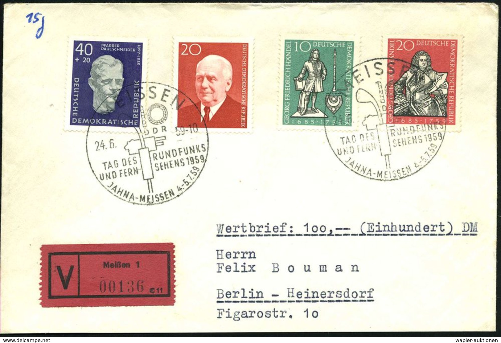 MEISSEN/ DDR/ TAG DES RUNDFUNKS/ U.FERNSEHENS.. 1959 (24.6.) Seltener HWSt = TV-Kamera (u. Studio-Mikrofon) 2x Klar + Vi - Ohne Zuordnung