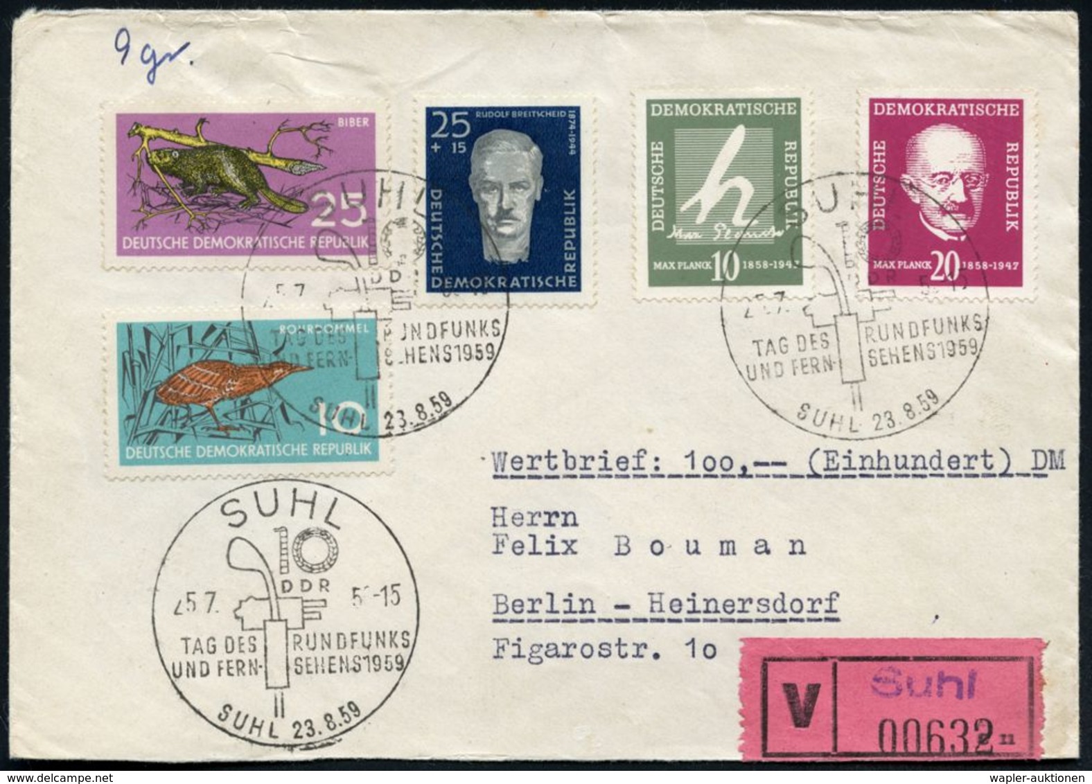 SUHL/ TAG DES RUNDFUNKS/ UND FERN-SEHENS 1959 (25.7.) SSt (= TV-Kamera, Mikrofon)3x + Provis., Rosa V-Zettel.: Suhl , In - Ohne Zuordnung