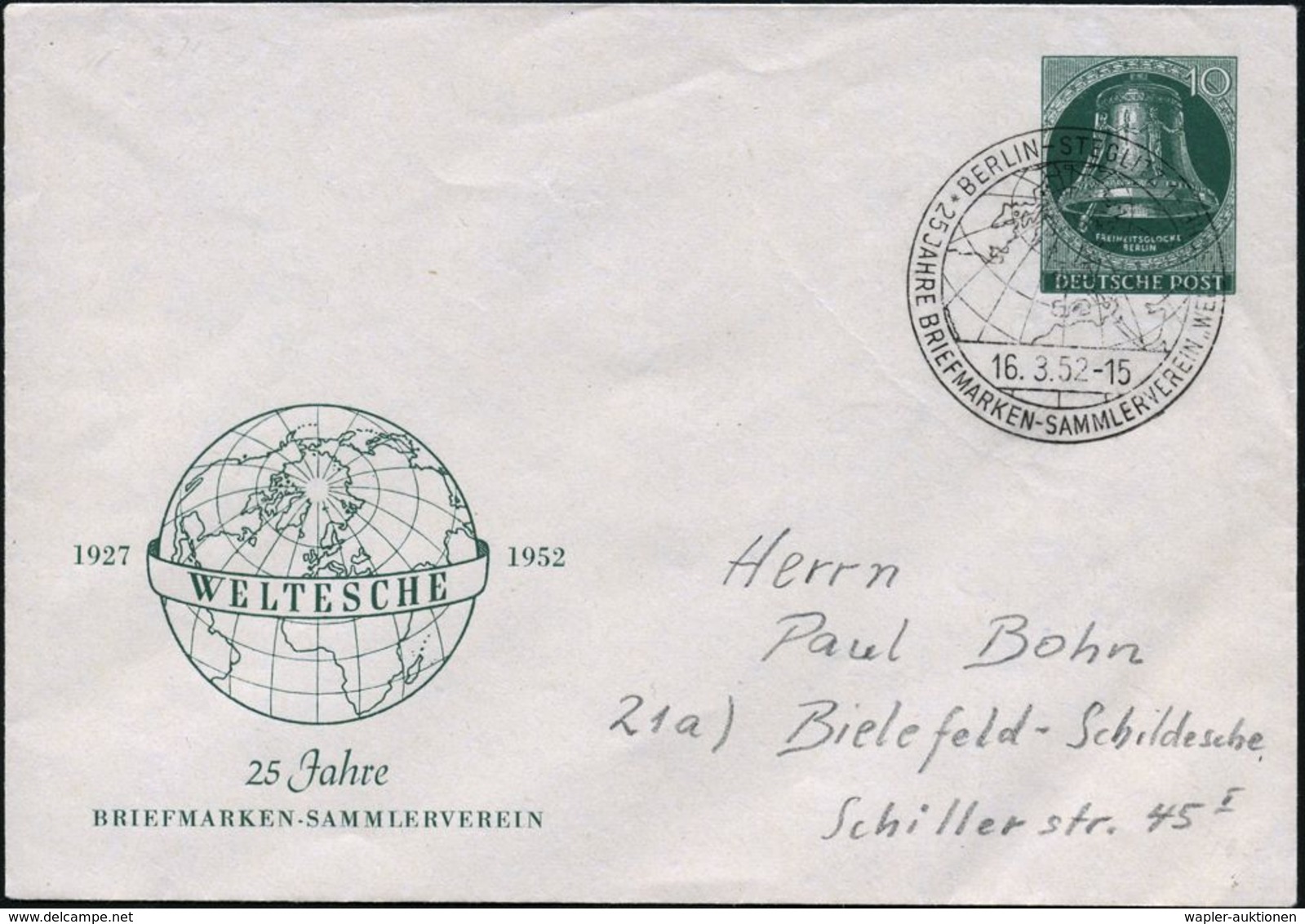 BERLIN-STEGLITZ 1/ 25 JAHRE BSV "WELTESCHE" 1952 (16.3.) Seltener SSt = Nördliche Halbkugel Mit Nordpol Klar Auf Motivgl - Geografia