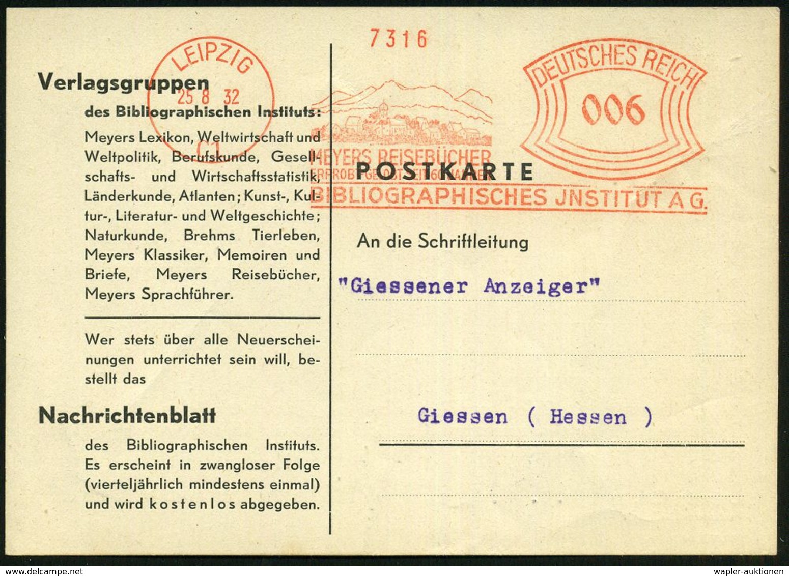 LEIPZIG/ C1/ MEYERS REISEBÜCHER/ ..SEIT 60 JAHREN/ BIBLIOGRAPHISCHES JNSTITUT AG. 1931 (11.8.) AFS = Landschaft Mit Ort  - Geography