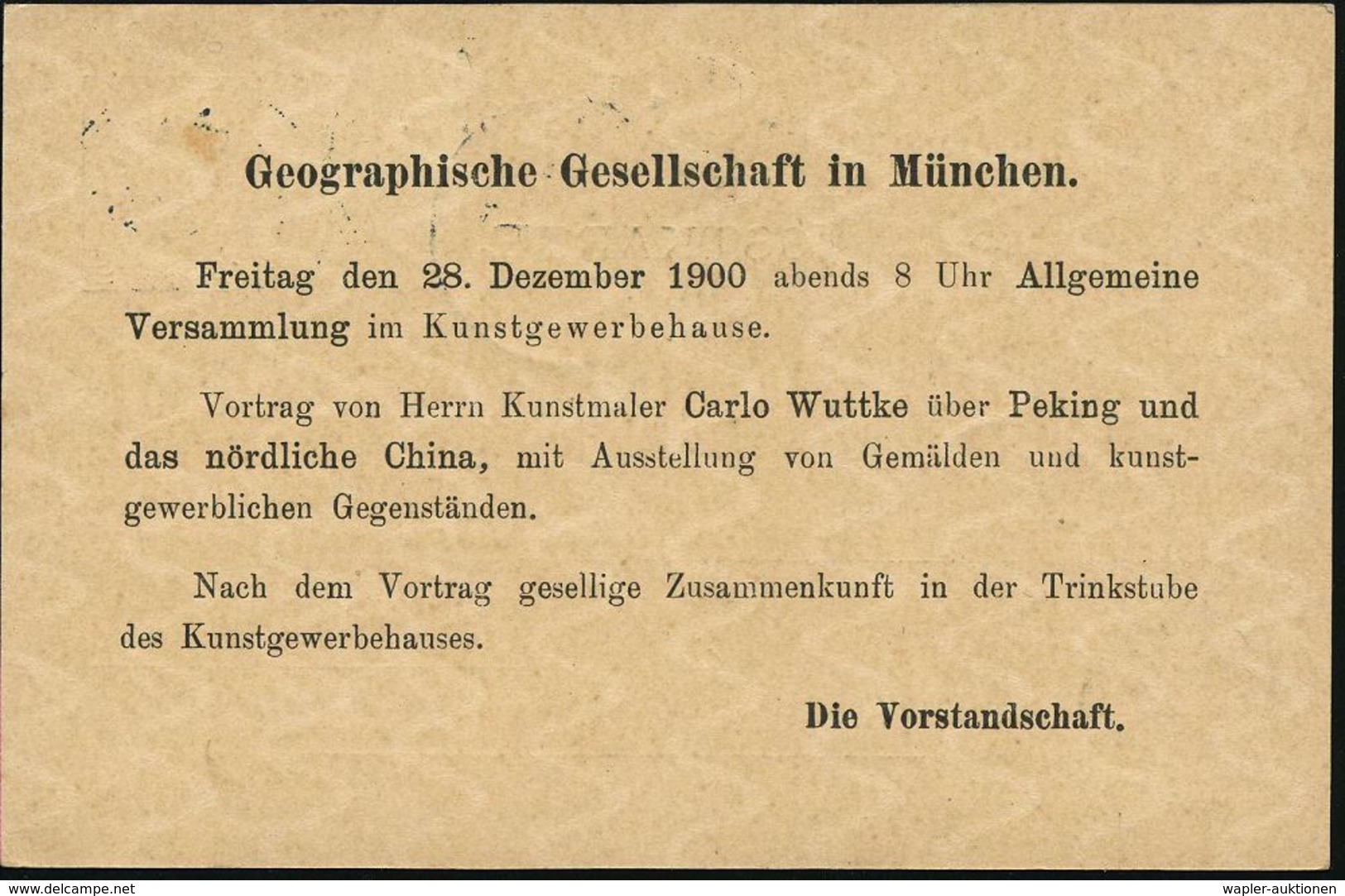 MUENCHEN 6 1900 (24.12.) 1K Auf Amtl. P 2 Pf. Rauten, Grau, Rs. Zudruck: Geographische Gesellschaft.. Vortrag Des Künstl - Géographie