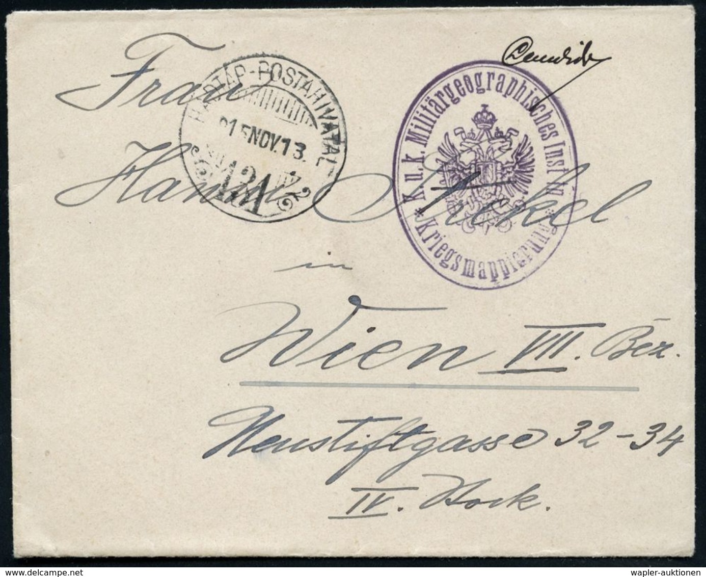 ÖSTERREICH 1915 (13.11.) Ungarischer Feldpost-1K-Gitter: + Viol. Oval-HdN: K.u.k. Militärgeographisches Institut/ Kriegs - Geografia