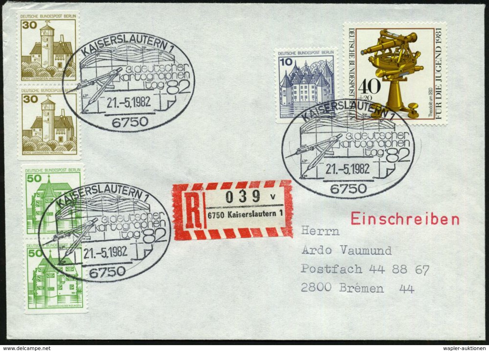 6750 KAISERSLAUTERN 1/ 31.deutscher/ Kartographen/ Tag 1982 (21.5.) SSt = Zirkel, Koordinatenblatt 3x Auf 40 Pf. + 20 Pf - Géographie