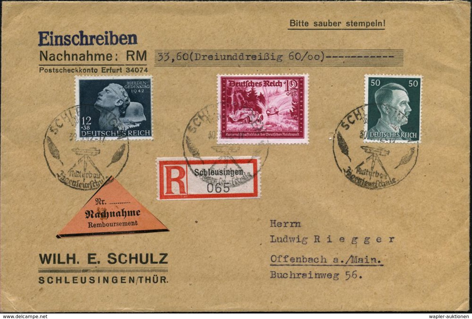 SCHLEUSINGEN/ Thüringerwald/ ..Jngenieurschule 1942 (30.3.) HWSt = Geodät, 3x + RZ: Schleusingen (abgestempelt!) 74 Pf.- - Géographie