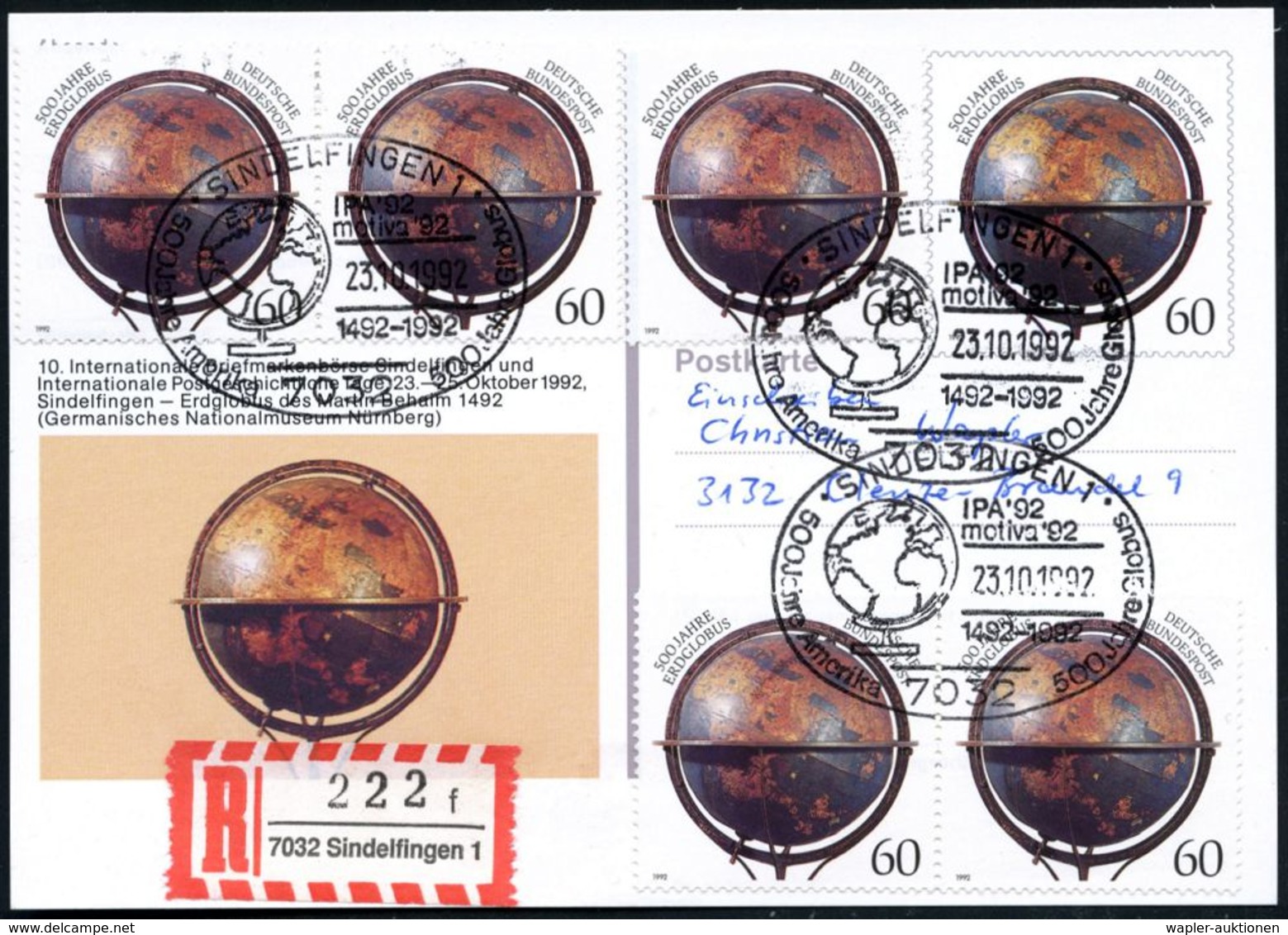 7032 SINDELFINGEN 1/ 500 Jahre Amerika/ 500 Jahre Globus.. 1992 (23.10.) SSt = Globus 3x Auf Sonder-P 60 Pf. Erdglobus V - Geografia