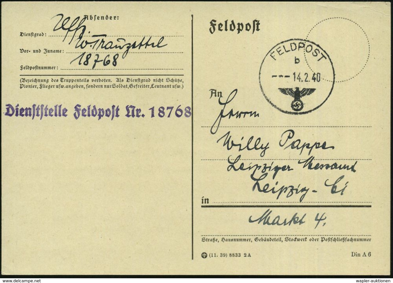 DEUTSCHES REICH 1940 (14.2.) 1K: FELDPOST/b/--- + Viol. 1L: Dienststelle Feldpost Nr. 18768 = Vermessungs-Abt. 602, Glas - Aardrijkskunde