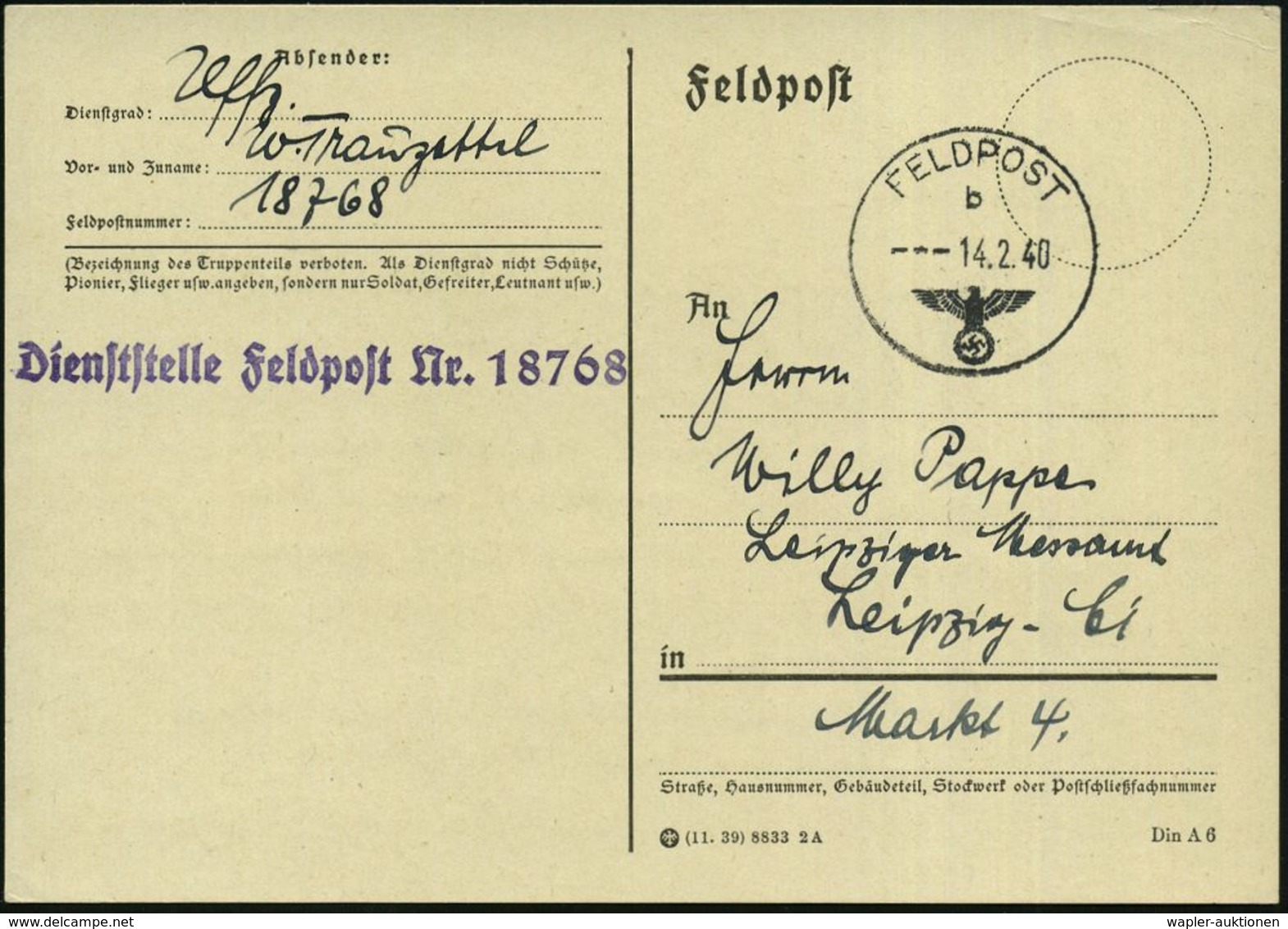 DEUTSCHES REICH 1940 (14.2.) 1K: FELDPOST/b/--- + Viol. 1L: Dienststelle Feldpost Nr. 18768 = Vermessungs-Abt. 602, Glas - Geografia