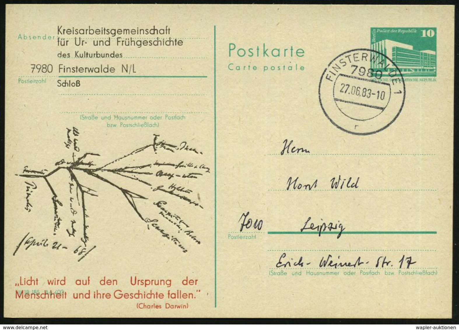 7980 FINSTERWALDE 1/ R 1983 (27.6.) 1K Auf Amtl. P 10 Pf. PdR, Grün + Zudruck: Charles Darwins Zeichnung "Entstehung Der - Aardrijkskunde