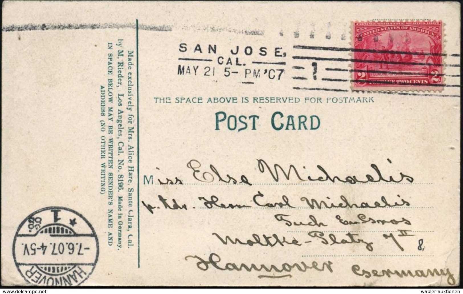 U.S.A. 1907 (21.5.) 2 C. "John Smith, Jamestown-Landung, Virginia", EF + MaSt.: SAN JOSE/CAL., Bedarfs- Übersee-Kt.  (Mi - Géographie