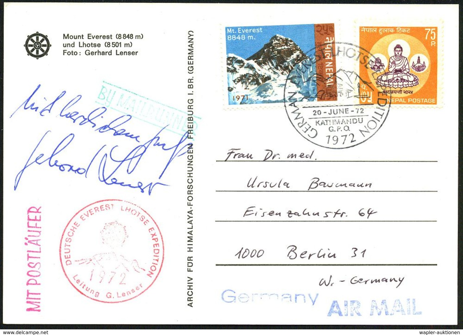 NEPAL /  B.R.D. 1972 (20.6.) SSt.: KATHMANDU/GERMAN EVEREST LHOTSE EXPEDITION + Roter HdN: DT. EVEREST LHOTSE EXPE-DITIO - Geografia