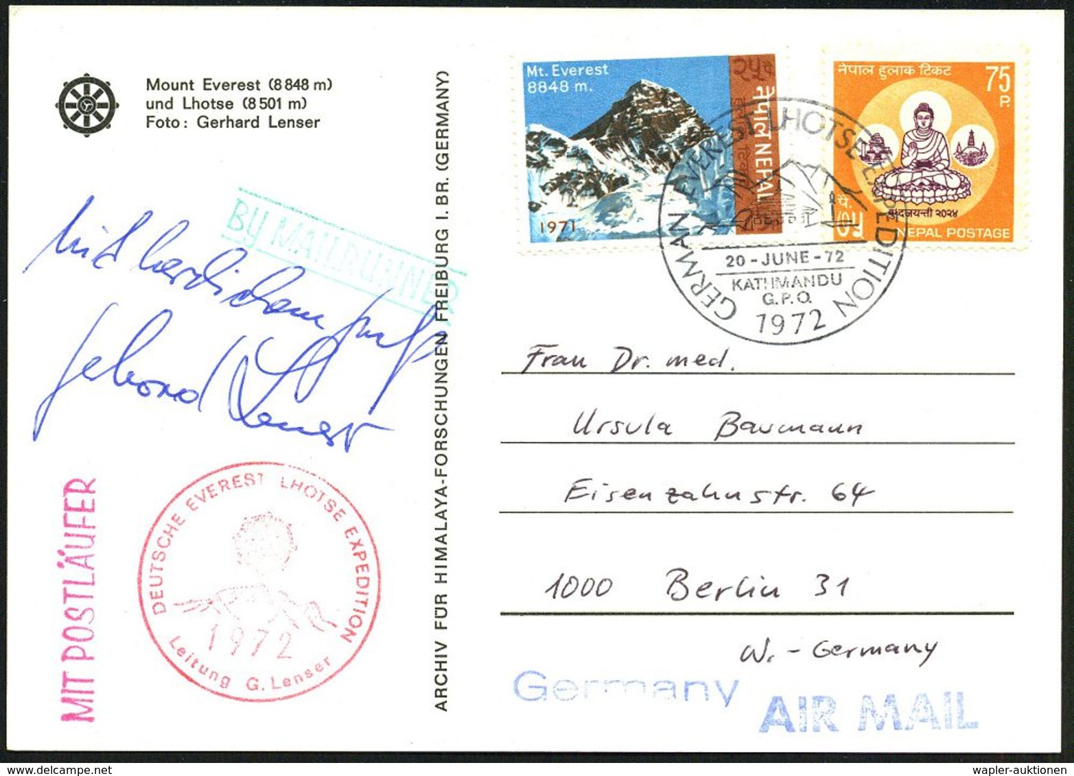 NEPAL /  B.R.D. 1972 (20.6.) SSt.: KATHMANDU/GERMAN EVEREST LHOTSE EXPEDITION + Roter HdN: DT. EVEREST LHOTSE EXPE-DITIO - Géographie