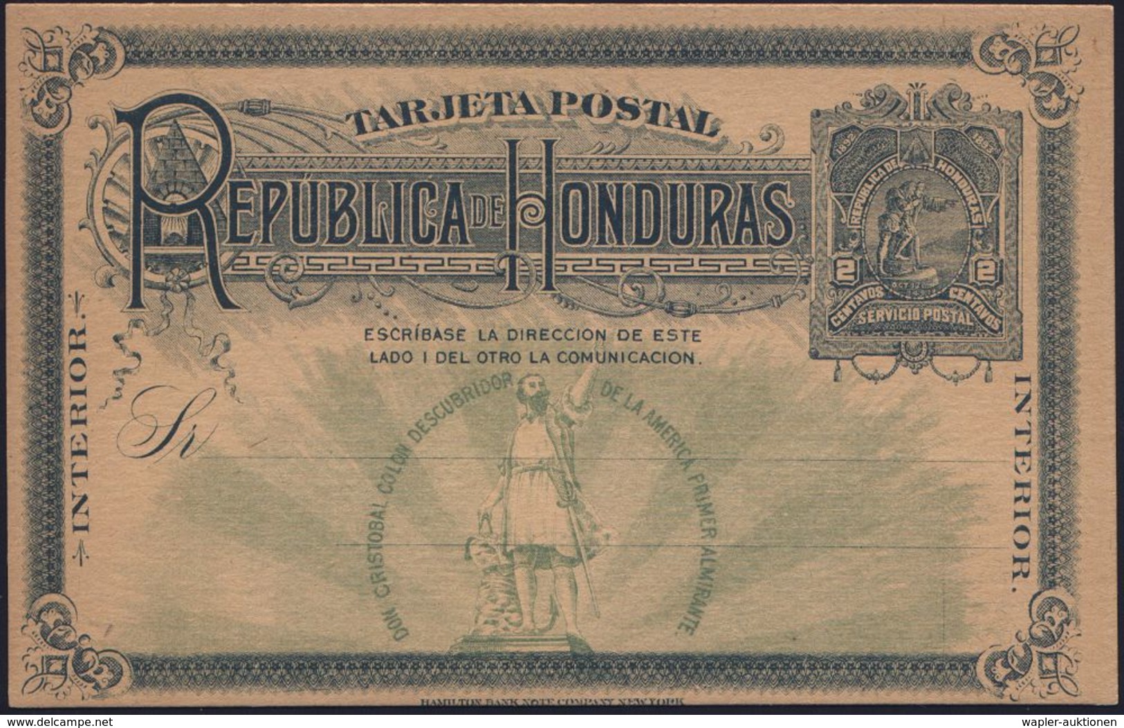 HONDURAS 1892 2 C. Jubil.-P , Grün: "400 Jahre Columbus-Landung" = Columbus-Denkmal , Ungebr. (HG.P 13) - CHRISTOPH KOLU - Cristoforo Colombo