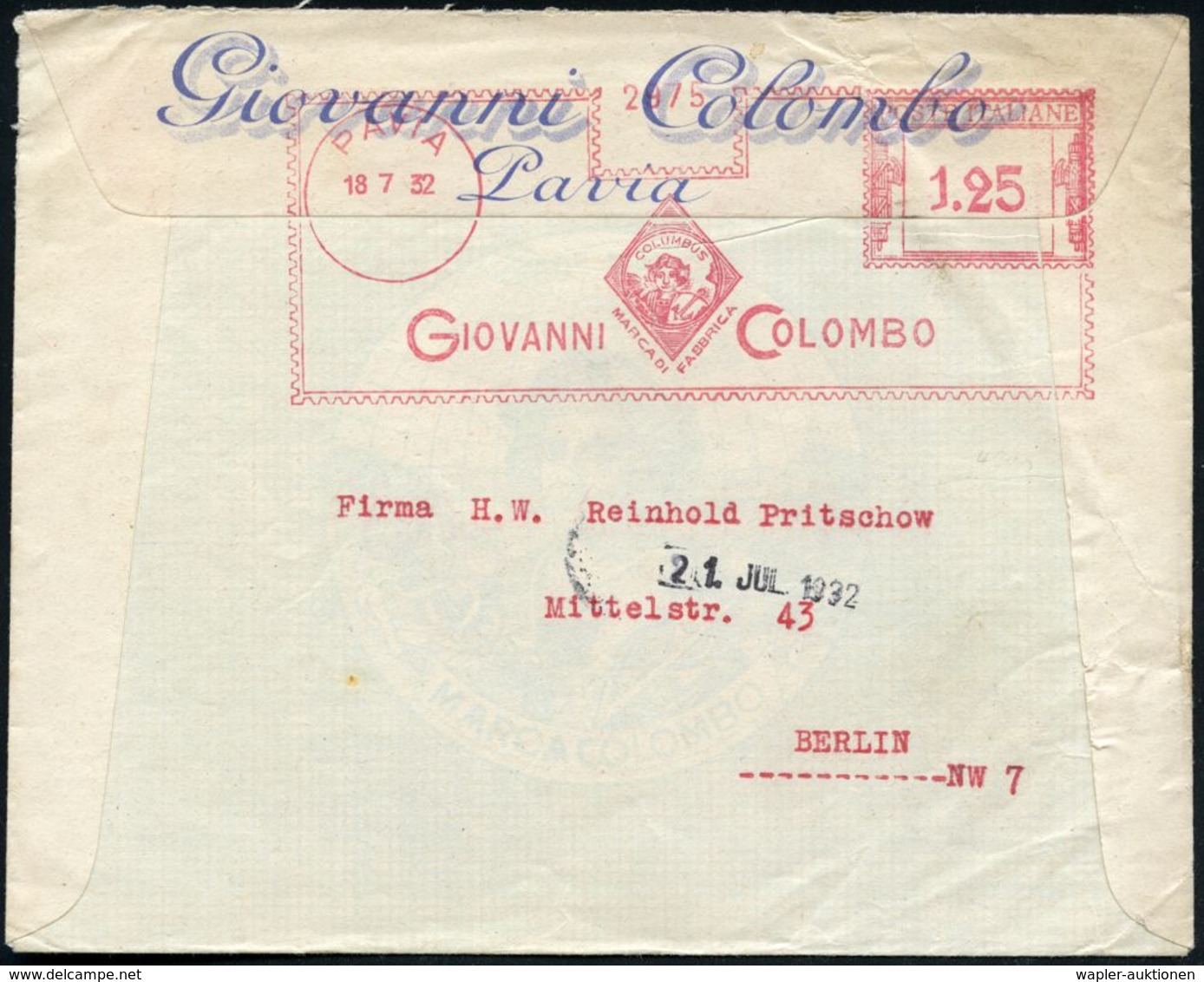 ITALIEN 1932 (18.7.) AFS: PAVIA/COLUMBUS/..GIOVANNI COLOMBO = Brustbild Chr. Columbus (mit Hut) Auf Sehr Dekorativem Col - Cristoforo Colombo