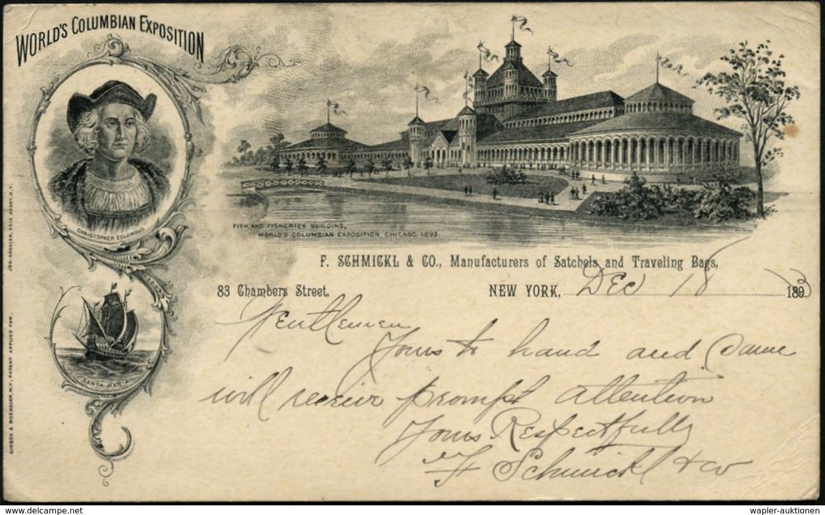 U.S.A. 1893 (18.12.) PP 1 C. Grant, Schw.: WORLD'S COLUMBIAN EXPOSITION, FISH AND FISHERIES BUILDING.. = Chr.Columbus Br - Christophe Colomb