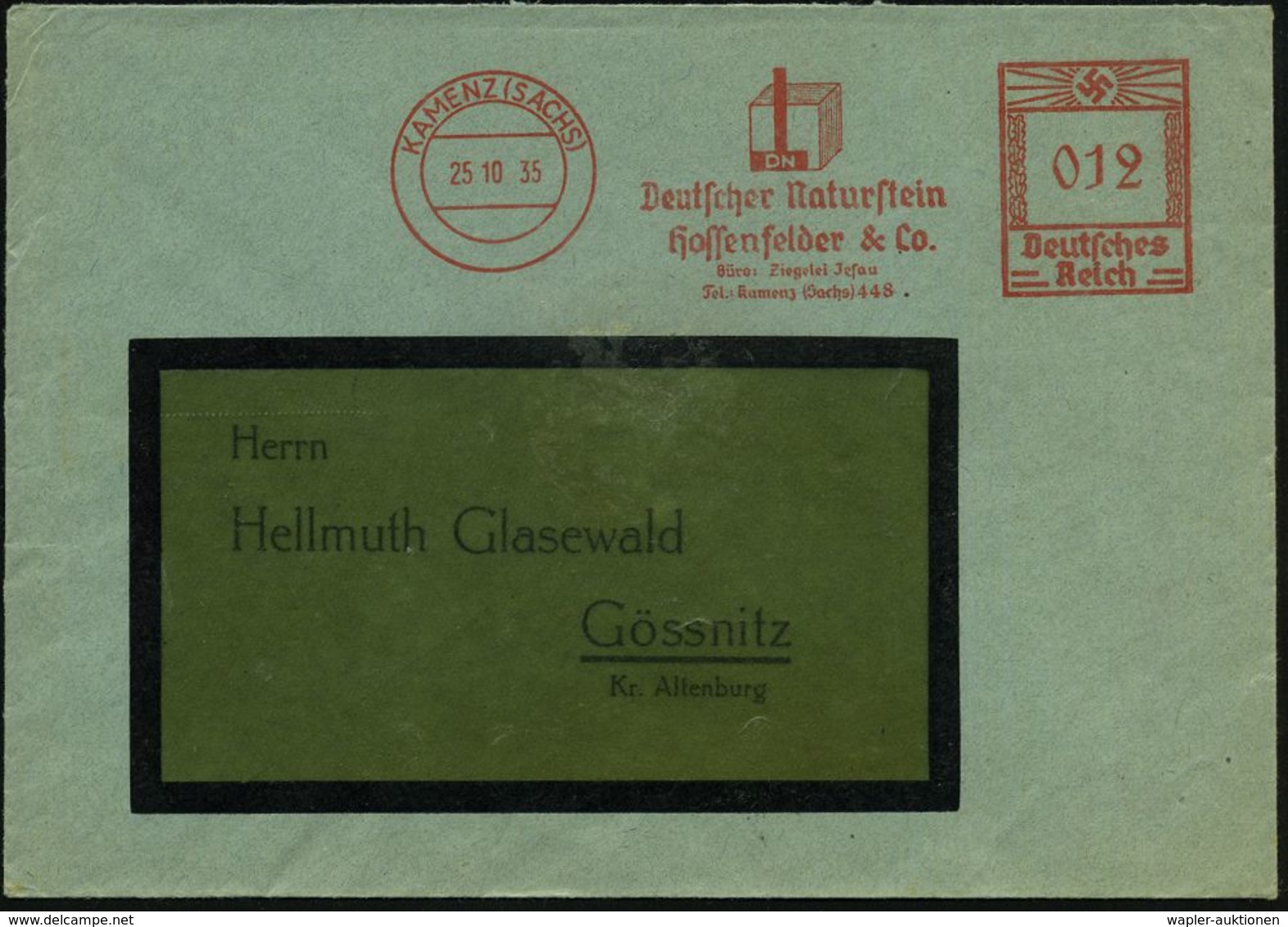 KAMENZ (SACHS)/ DN/ Deutscher Naturstein/ Hossenfelder & Co 1935 (25.10.) AFS = Steinquader , Klar Gest. Inl.-Bf. (Dü.E- - Autres & Non Classés