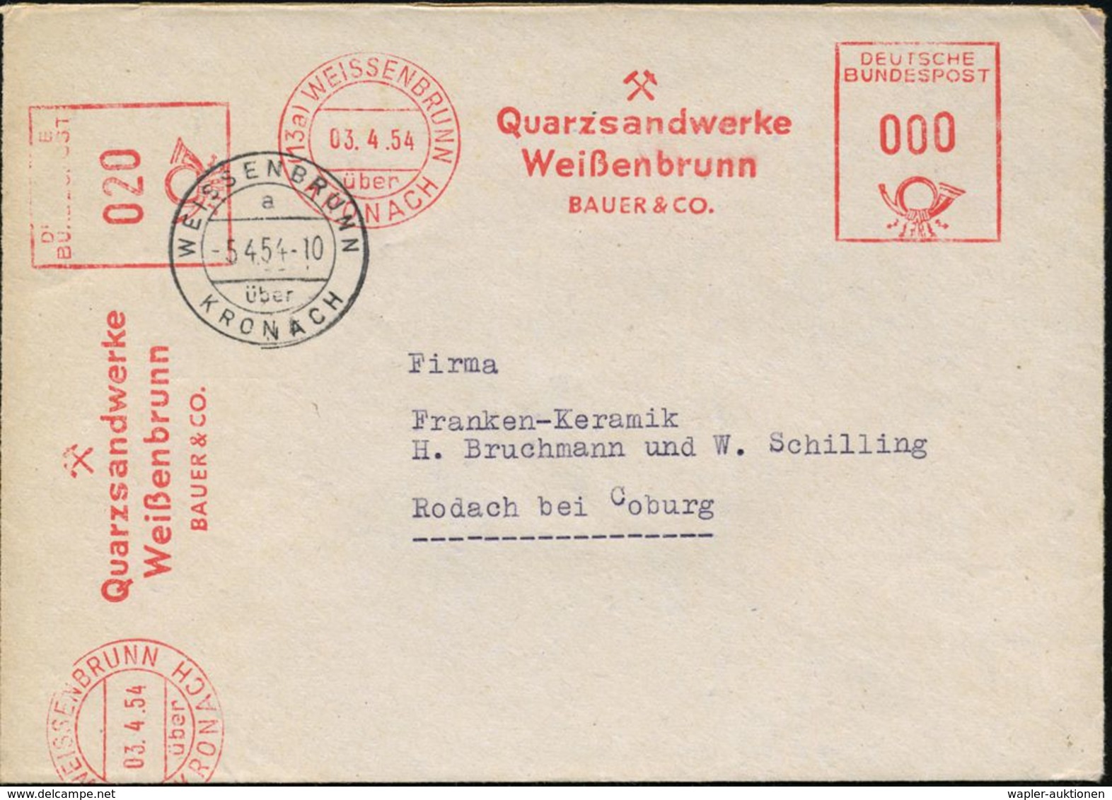 (13a) WEISSENBRUNN/ über/ KRONACH/ Quarzsandwerke/ ..BAUER & CO 1954 (3.4.) AFS, PSt.I-Typ 000 + 020 Pf. = 2 Abdrucke (B - Sonstige & Ohne Zuordnung