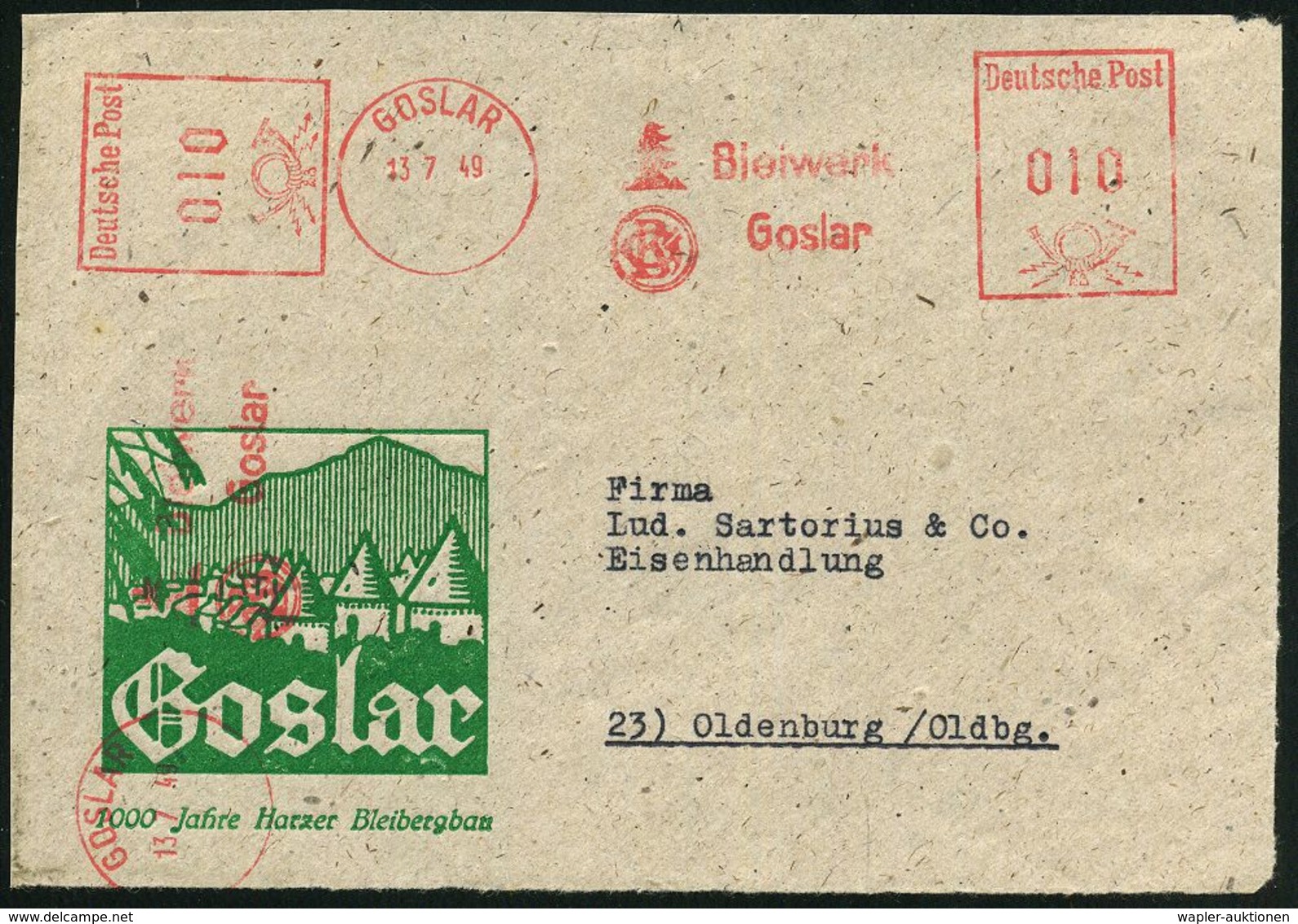 GOSLAR/ Bleiwerk/ Goslar 1949 (13.7.) AFS 010 + 010 Pf. (2 Abdrucke) Auf Reklame-Vs.: Goslar/ 1000 Jahre Harzer Bleiberg - Autres & Non Classés